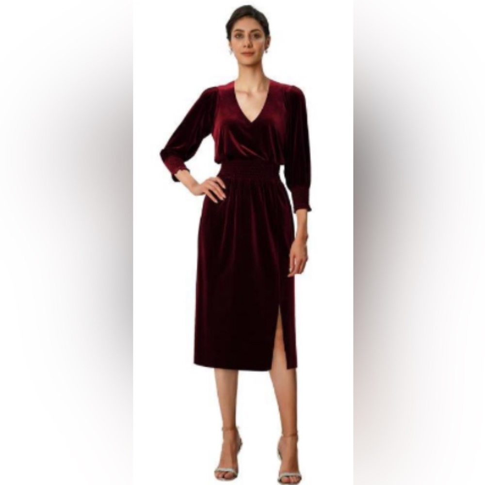 Long Sleeve stretch Velvet Dress in Deep Burgundy